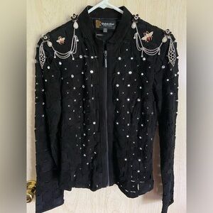 DAKOTA WEST Genuine Suede On Mesh Jacket Crystals Brooch Shoulder Sz Small